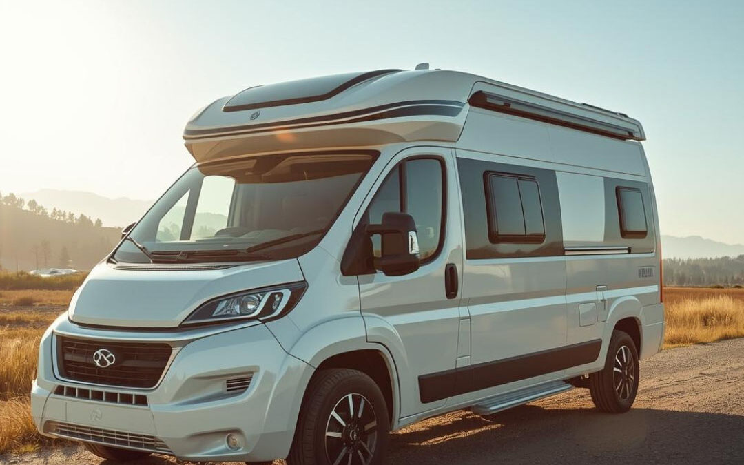 A modern white camper van parked on a dirt road alongside a golden field, illuminated by the warm glow of the setting sun with distant mountains in the background - www.thebestalbioninsuranceagent.com